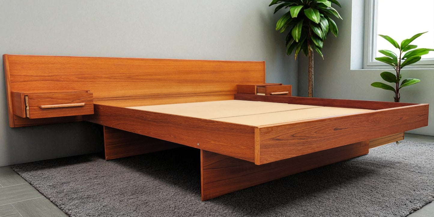 REFINISHED MCM Teak Queen Bed w Floating Nightstands & Storage Drawer