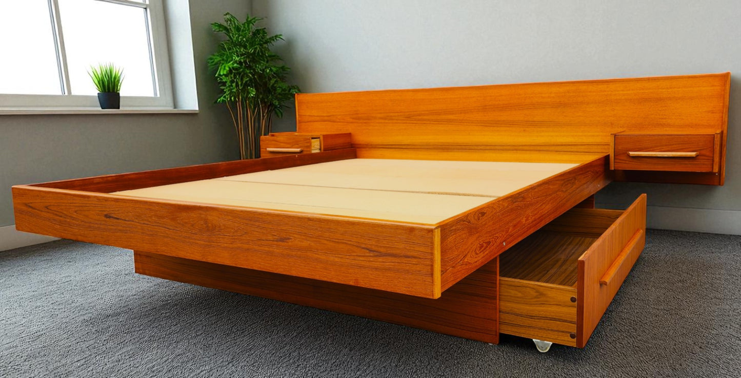 REFINISHED MCM Teak Queen Bed w Floating Nightstands & Storage Drawer