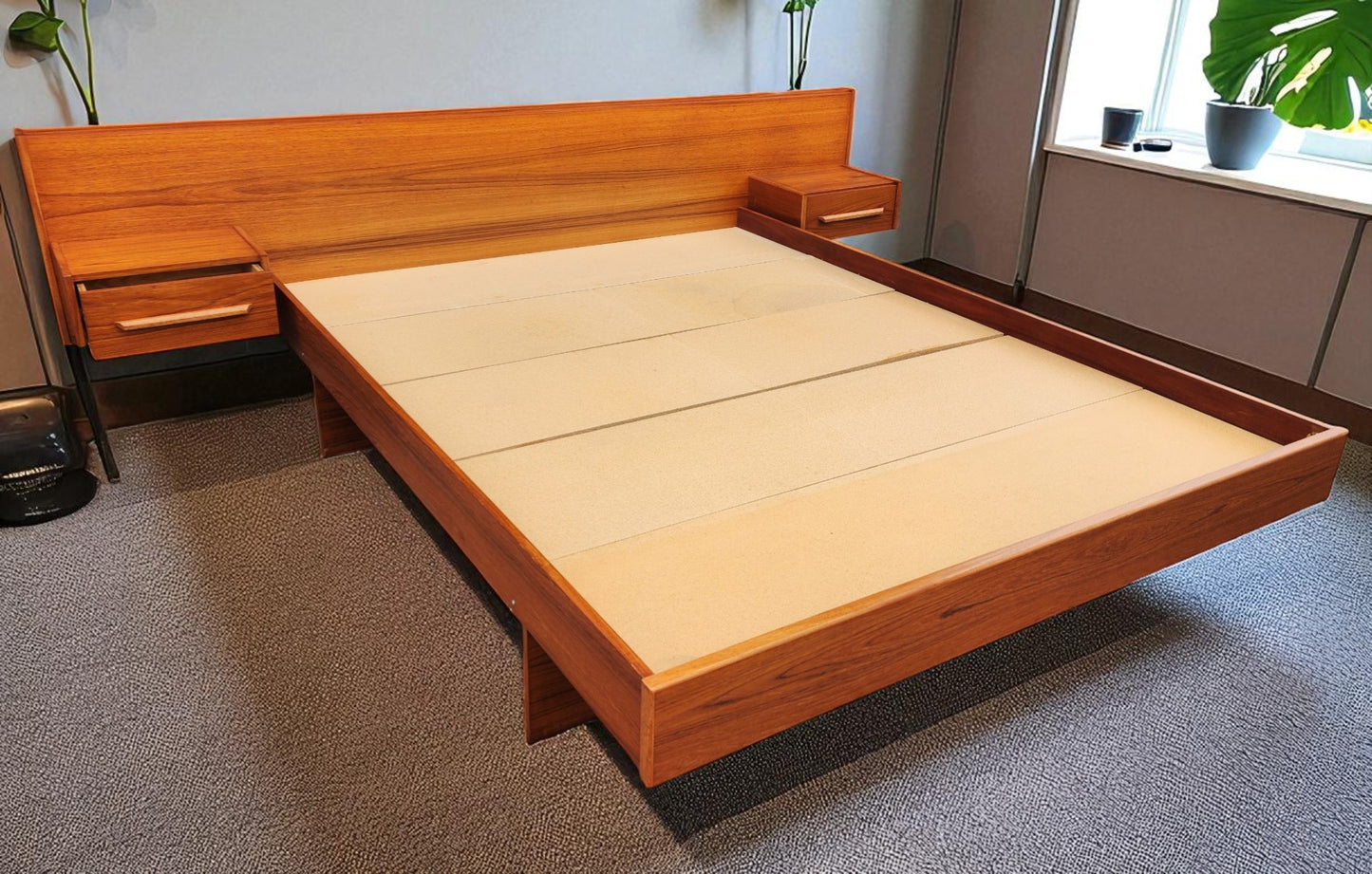 REFINISHED MCM Teak Queen Bed w Floating Nightstands & Storage Drawer