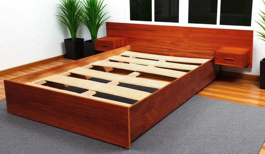 REFINISHED Mid Century Modern Teak Bed w Floating Nightstands Queen size