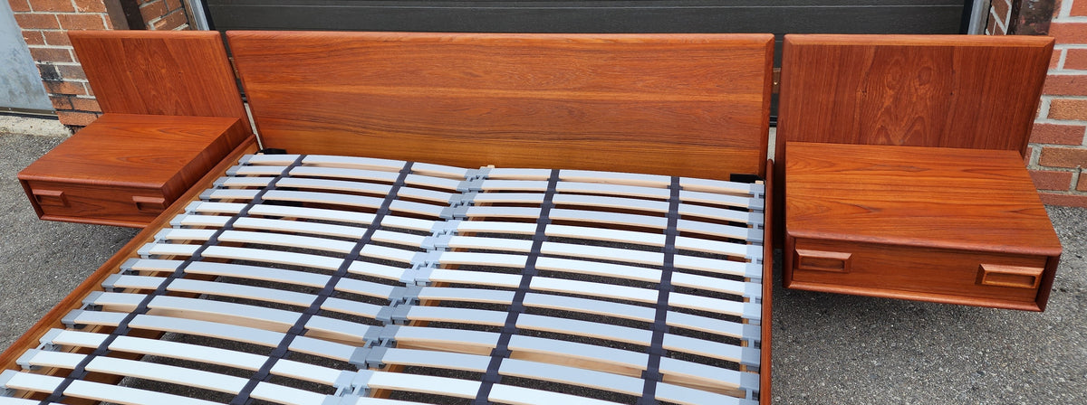 REFINISHED Mid Century Modern Teak Platform Bed w floating nightstands Queen, 2 slats options