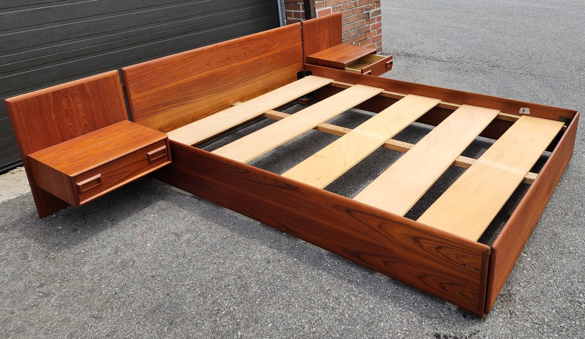 REFINISHED Mid Century Modern Teak Platform Bed w floating nightstands Queen, 2 slats options
