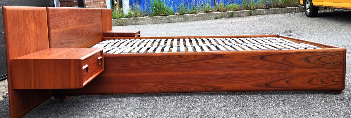 REFINISHED Mid Century Modern Teak Platform Bed w floating nightstands Queen, 2 slats options