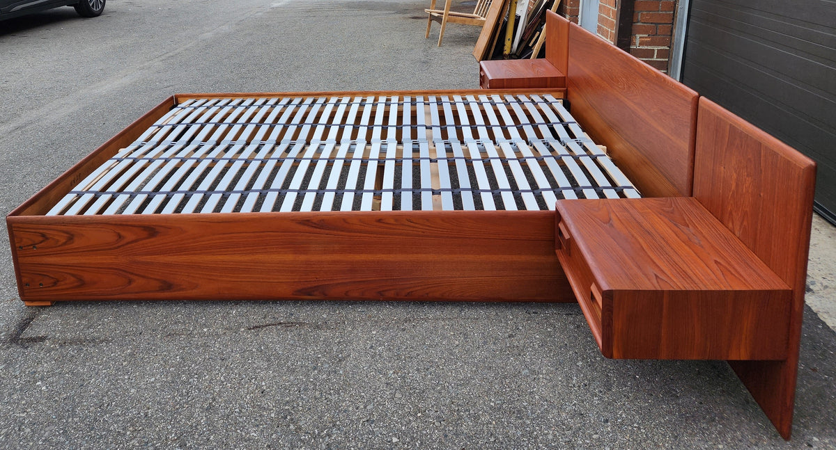 REFINISHED Mid Century Modern Teak Platform Bed w floating nightstands Queen, 2 slats options