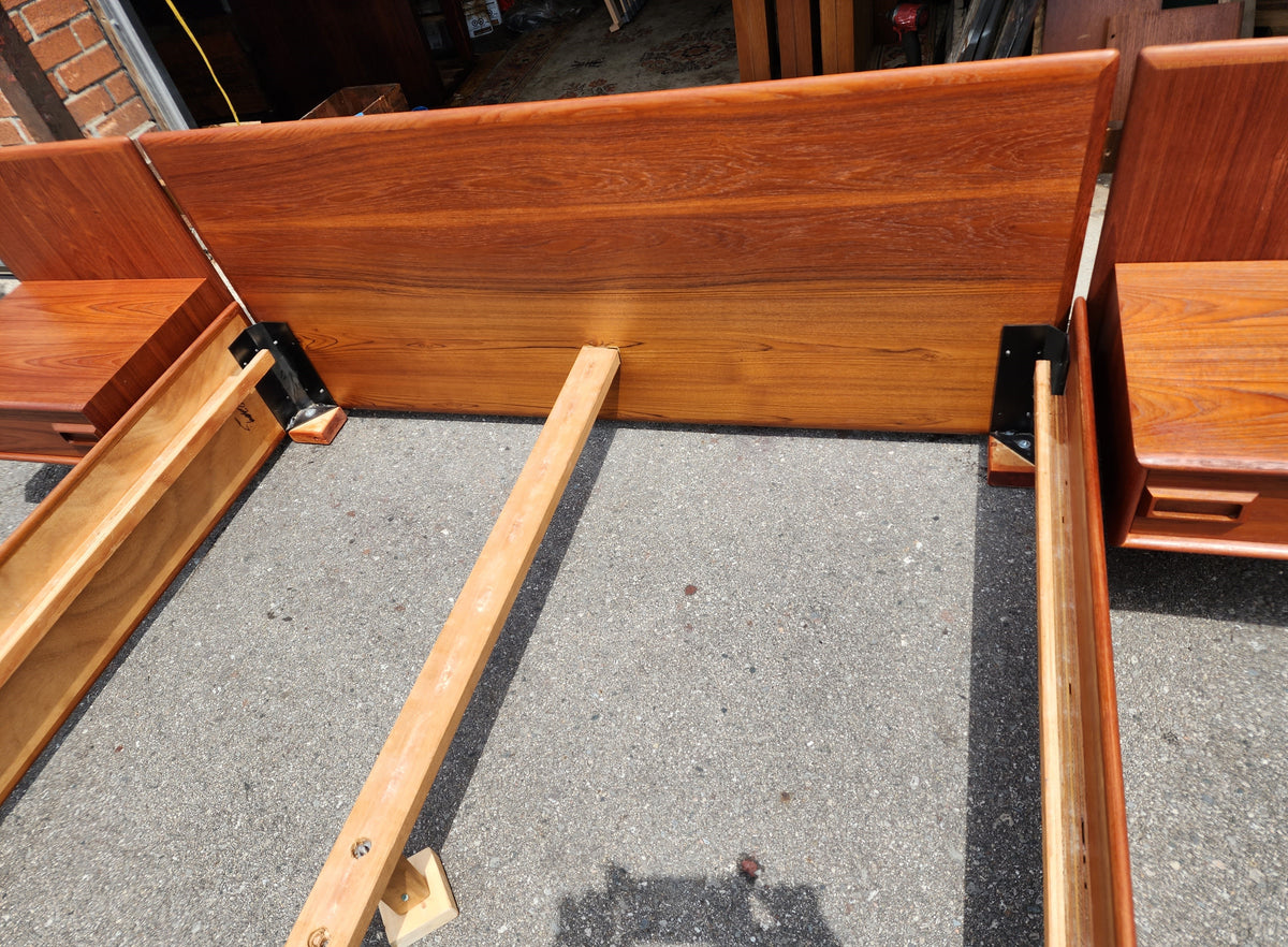 REFINISHED Mid Century Modern Teak Platform Bed w floating nightstands Queen, 2 slats options