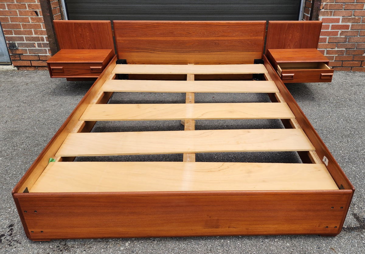 REFINISHED Mid Century Modern Teak Platform Bed w floating nightstands Queen, 2 slats options