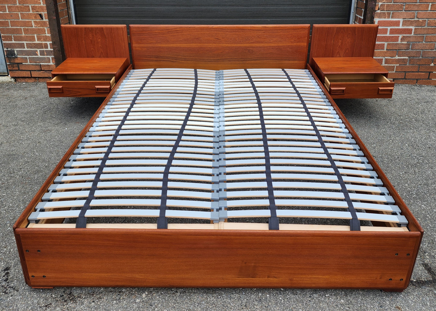 REFINISHED Mid Century Modern Teak Platform Bed w floating nightstands Queen, 2 slats options