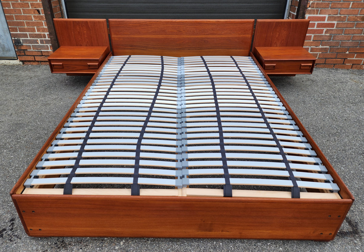 REFINISHED Mid Century Modern Teak Platform Bed w floating nightstands Queen, 2 slats options