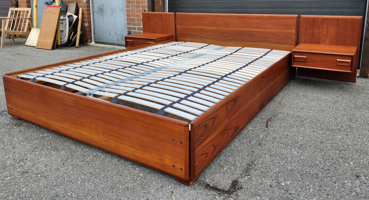 REFINISHED Mid Century Modern Teak Platform Bed w floating nightstands Queen, 2 slats options