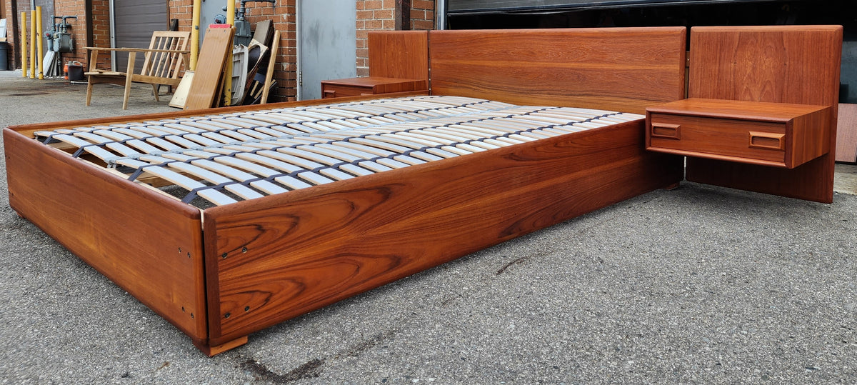 REFINISHED Mid Century Modern Teak Platform Bed w floating nightstands Queen, 2 slats options