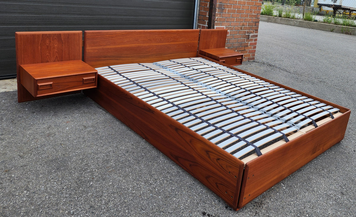 REFINISHED Mid Century Modern Teak Platform Bed w floating nightstands Queen, 2 slats options