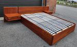 REFINISHED Mid Century Modern Teak Platform Bed w floating nightstands Queen, 2 slats options 9