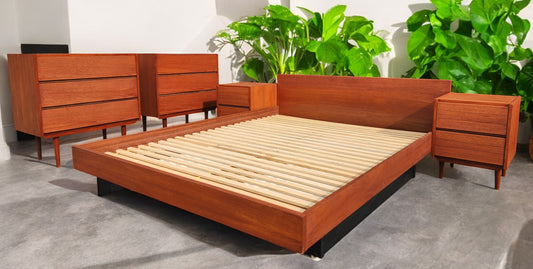 REFINISHED MCM Teak Queen Bed w Storage, Nightstands & 2 dressers by REFF