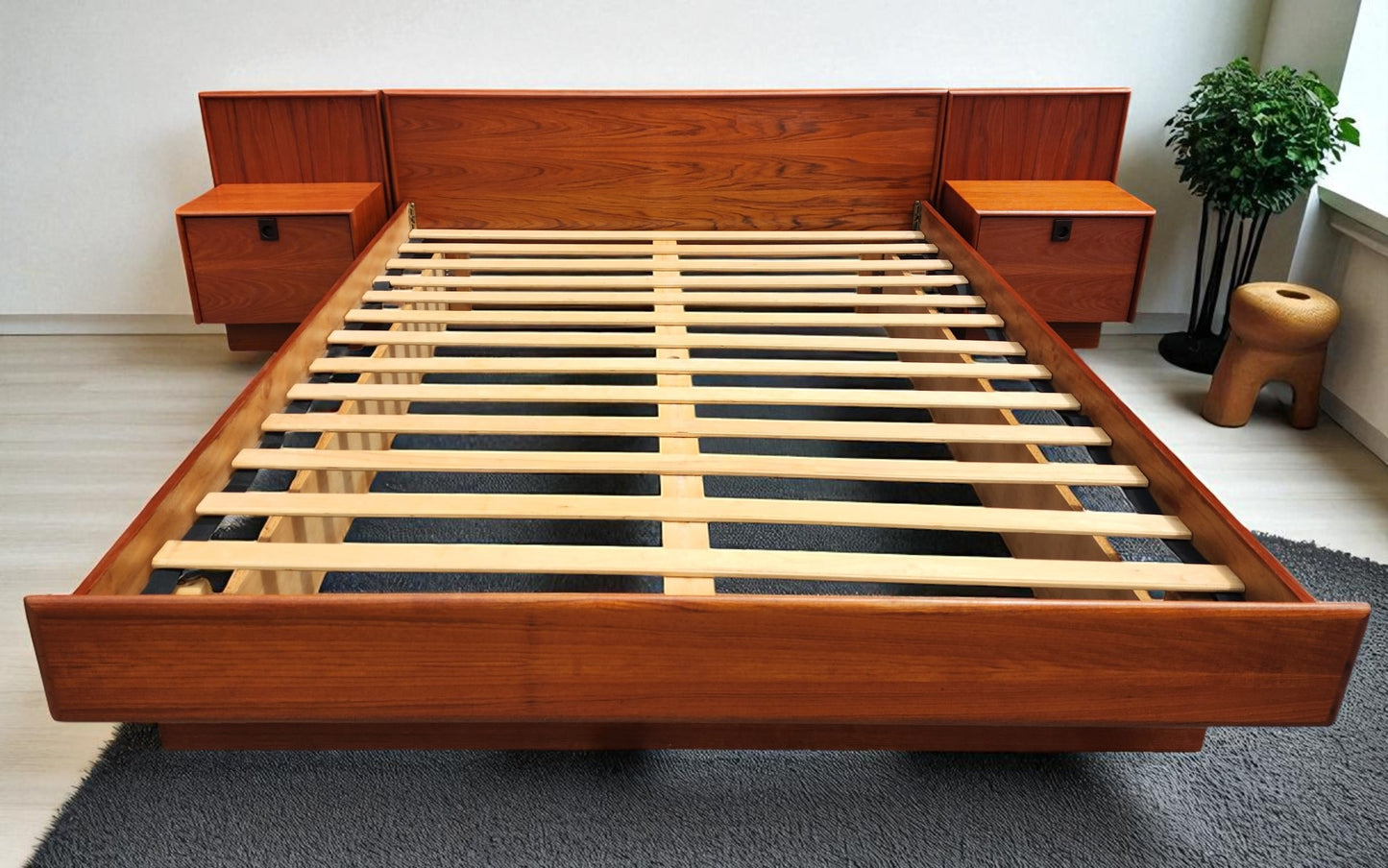 REFINISHED Mid Century Modern Teak Queen Bed w Nightstands, Dresser & Wardrobe
