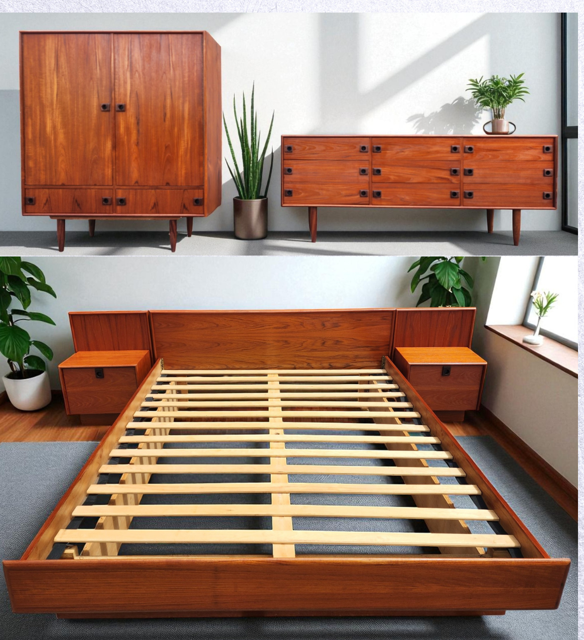 REFINISHED Mid Century Modern Teak Queen Bed w Nightstands, Dresser & Wardrobe