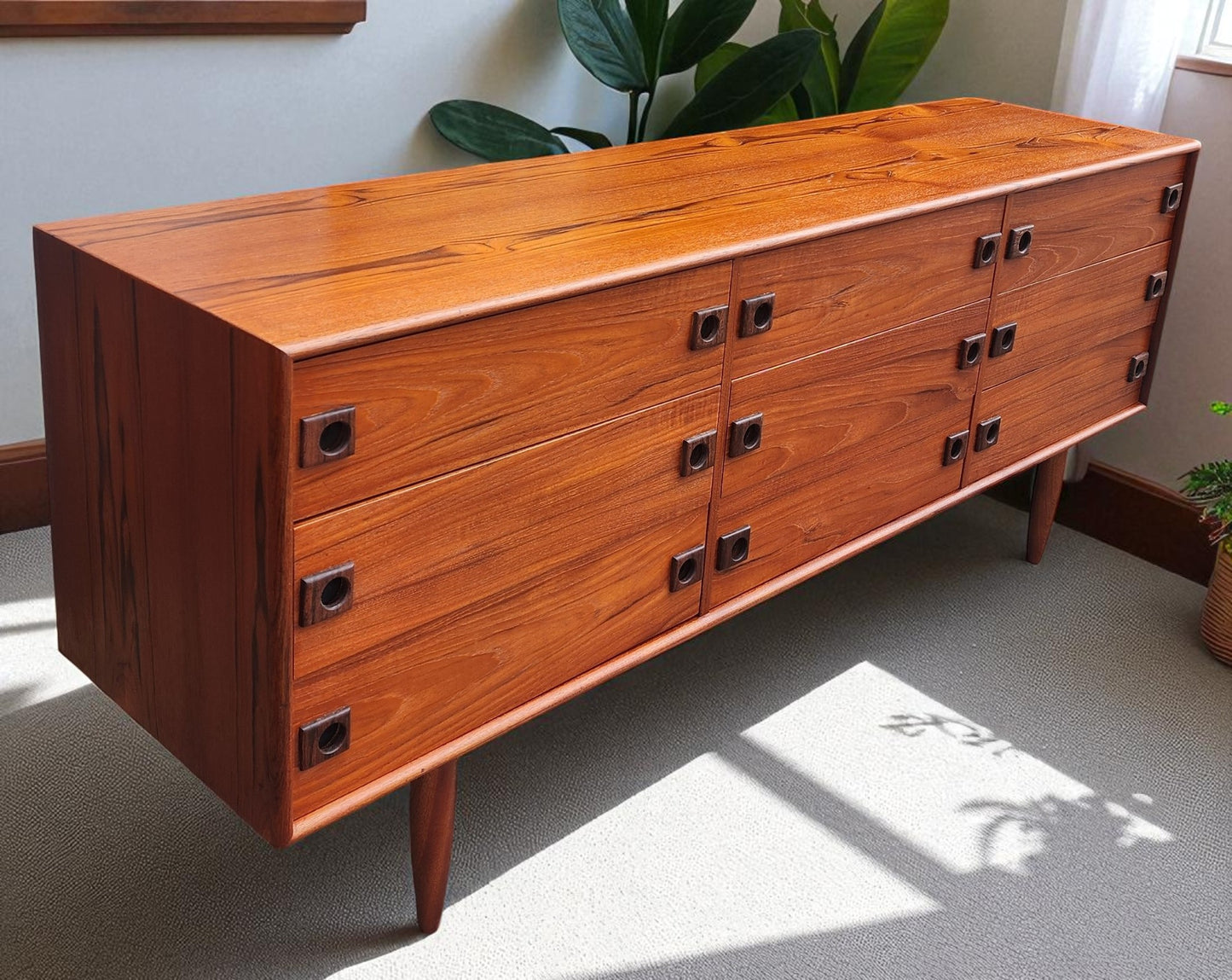 REFINISHED Mid Century Modern Teak Queen Bed w Nightstands, Dresser & Wardrobe