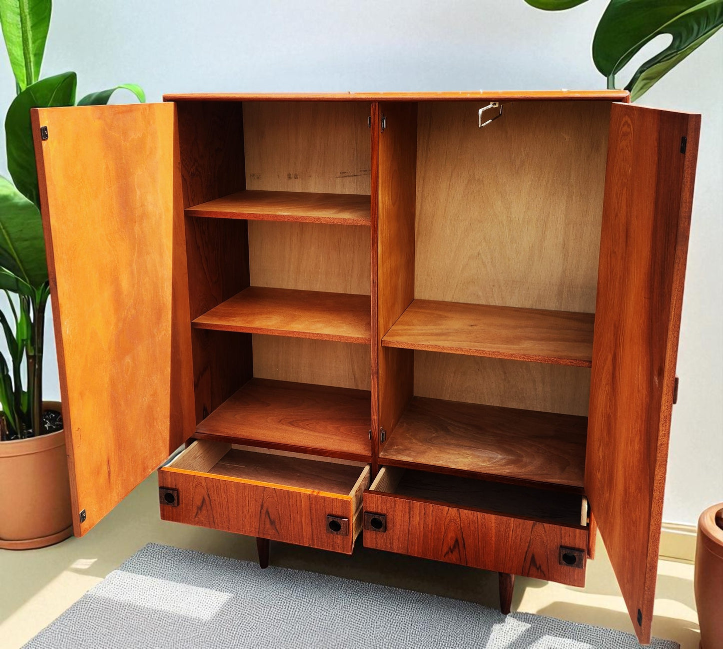 REFINISHED Mid Century Modern Teak Queen Bed w Nightstands, Dresser & Wardrobe