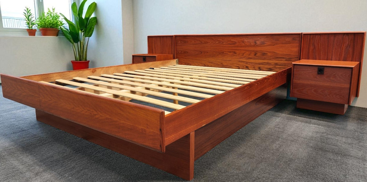 REFINISHED Mid Century Modern Teak Queen Bed w Nightstands, Dresser & Wardrobe