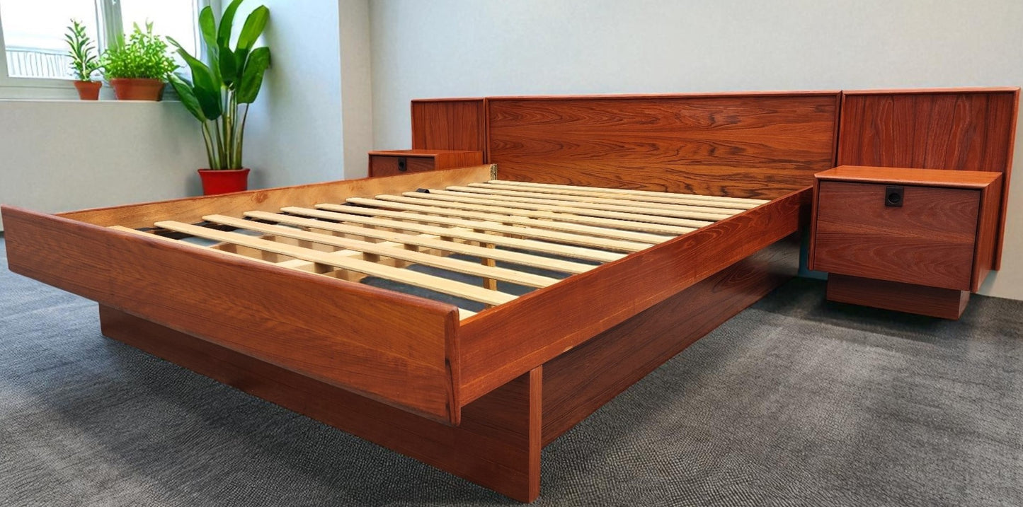 REFINISHED Mid Century Modern Teak Queen Bed w Nightstands, Dresser & Wardrobe