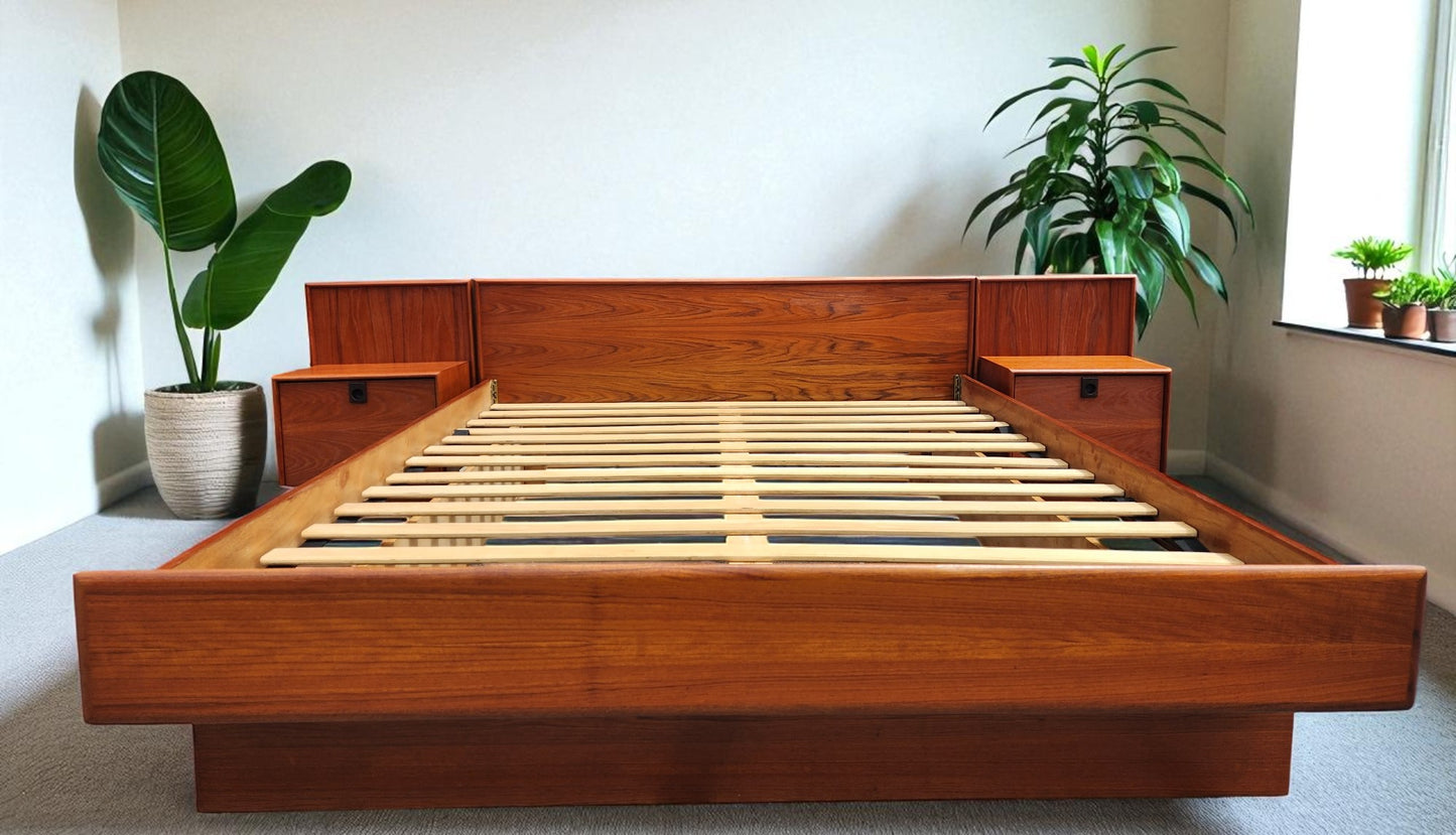 REFINISHED Mid Century Modern Teak Queen Bed w Nightstands, Dresser & Wardrobe