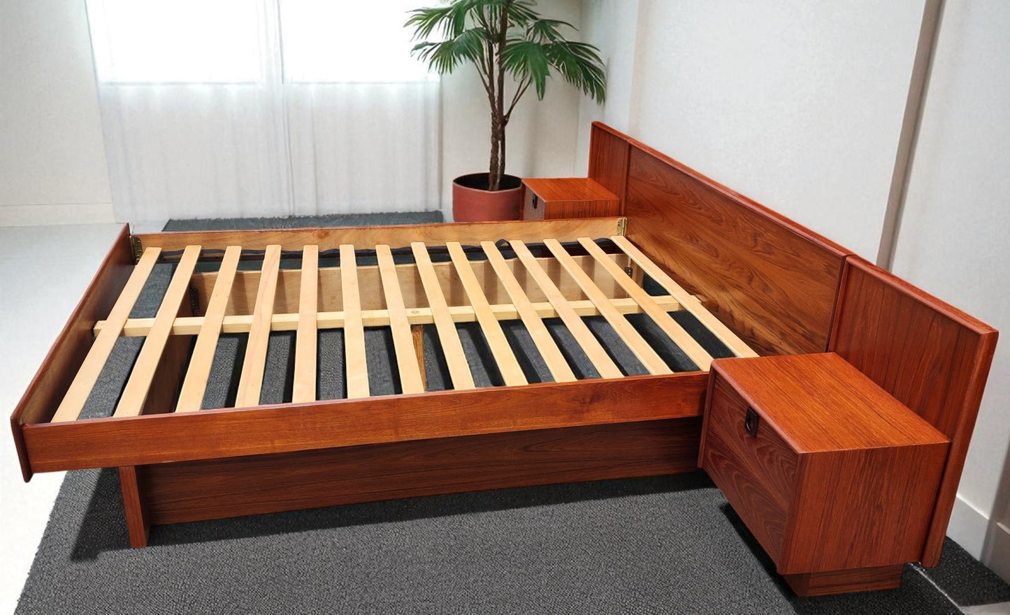 REFINISHED Mid Century Modern Teak Queen Bed w Nightstands, Dresser & Wardrobe