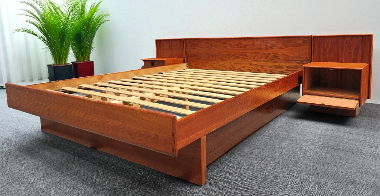 REFINISHED Mid Century Modern Teak Queen Bed w Nightstands, Dresser & Wardrobe