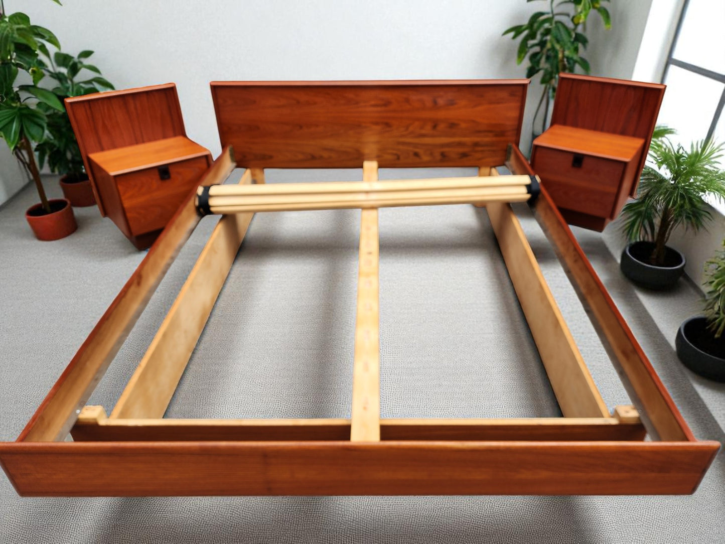REFINISHED Mid Century Modern Teak Queen Bed w Nightstands, Dresser & Wardrobe