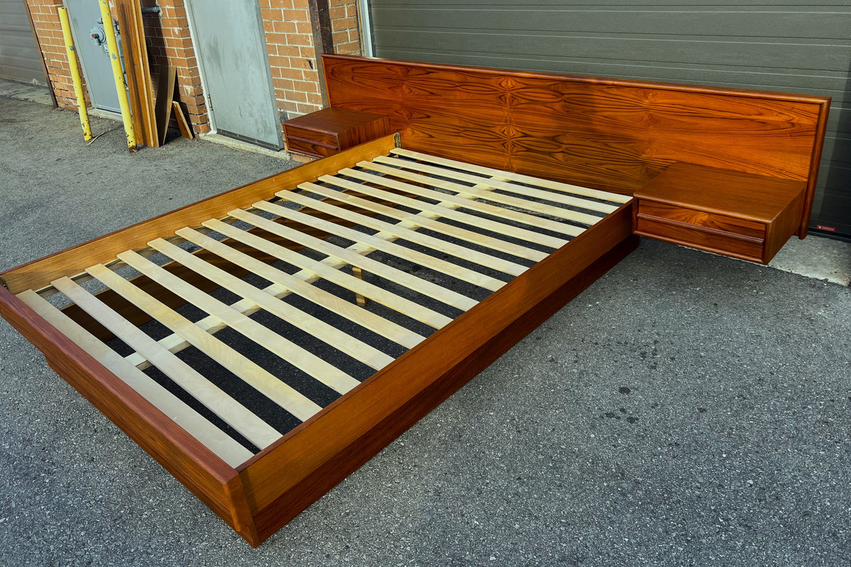 REFINISHED Mid Century Modern Teak Bed w Floating Nightstands Queen