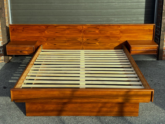 REFINISHED Mid Century Modern Teak Bed w Floating Nightstands Queen