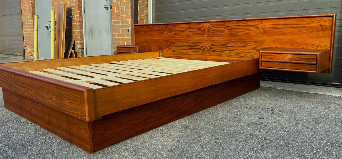 REFINISHED Mid Century Modern Teak Bed w Floating Nightstands Queen
