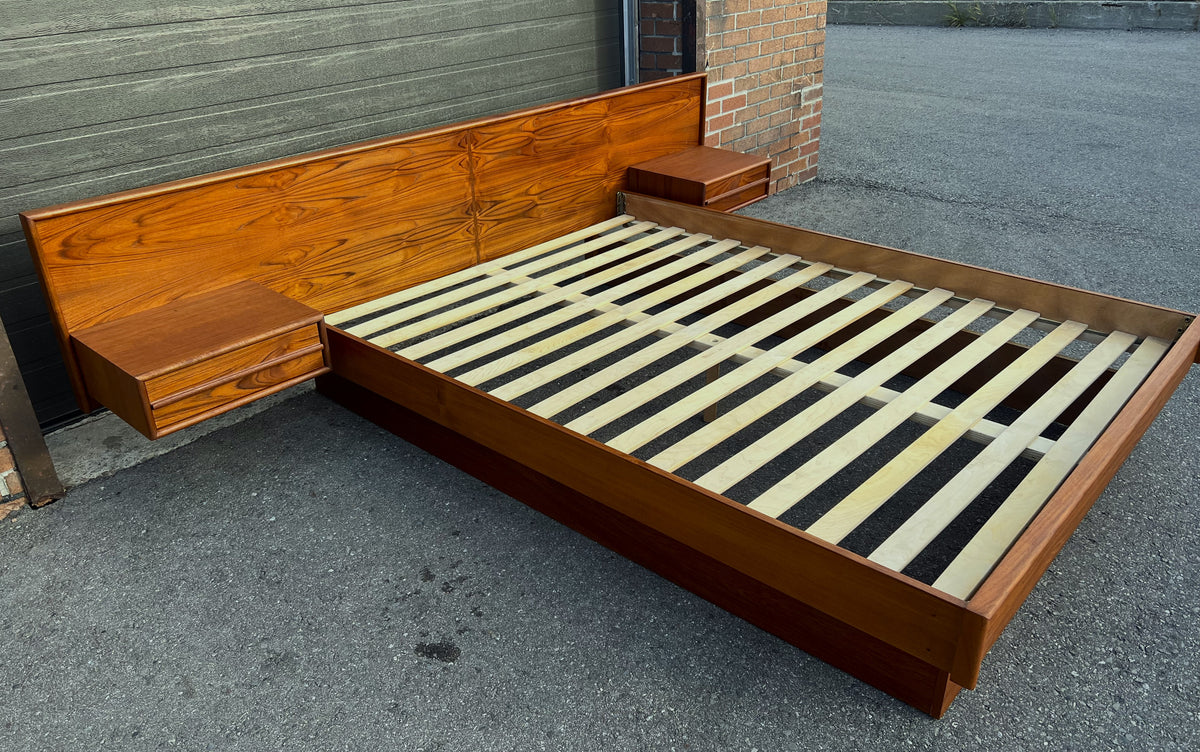 REFINISHED Mid Century Modern Teak Bed w Floating Nightstands Queen