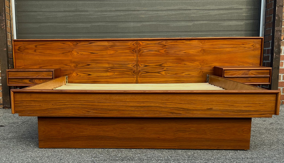 REFINISHED Mid Century Modern Teak Bed w Floating Nightstands Queen
