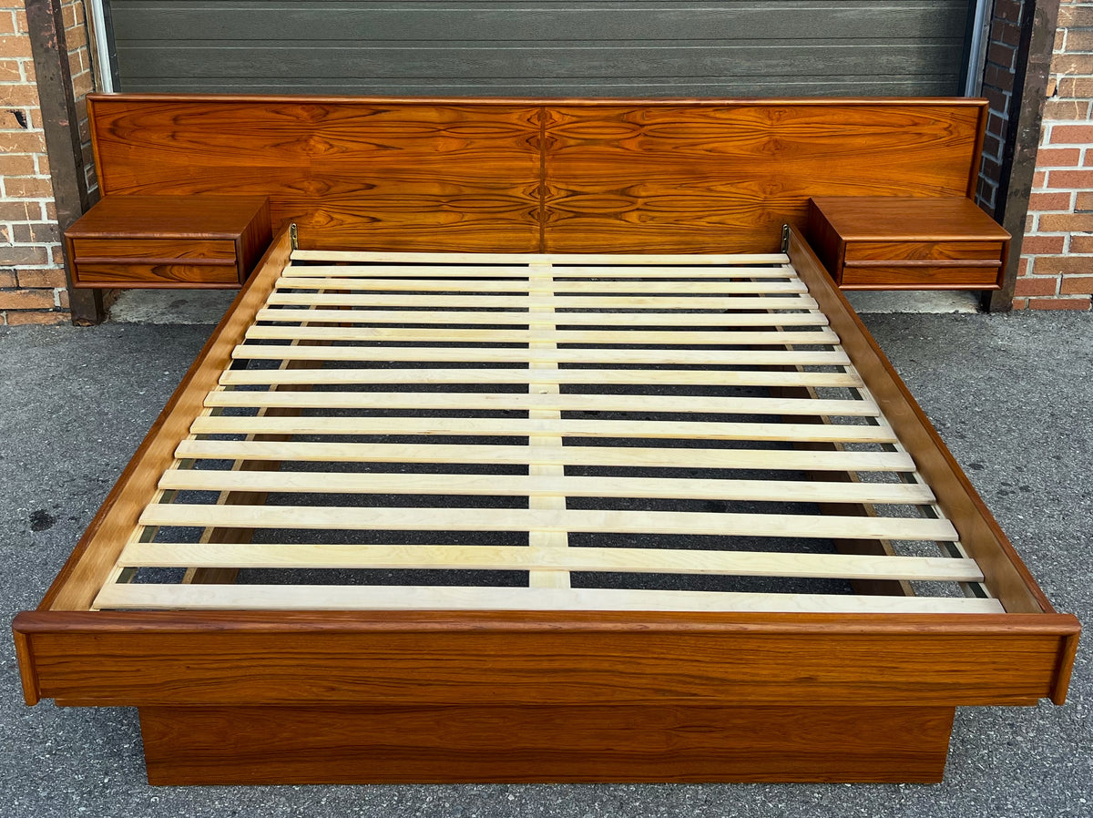 REFINISHED Mid Century Modern Teak Bed w Floating Nightstands Queen