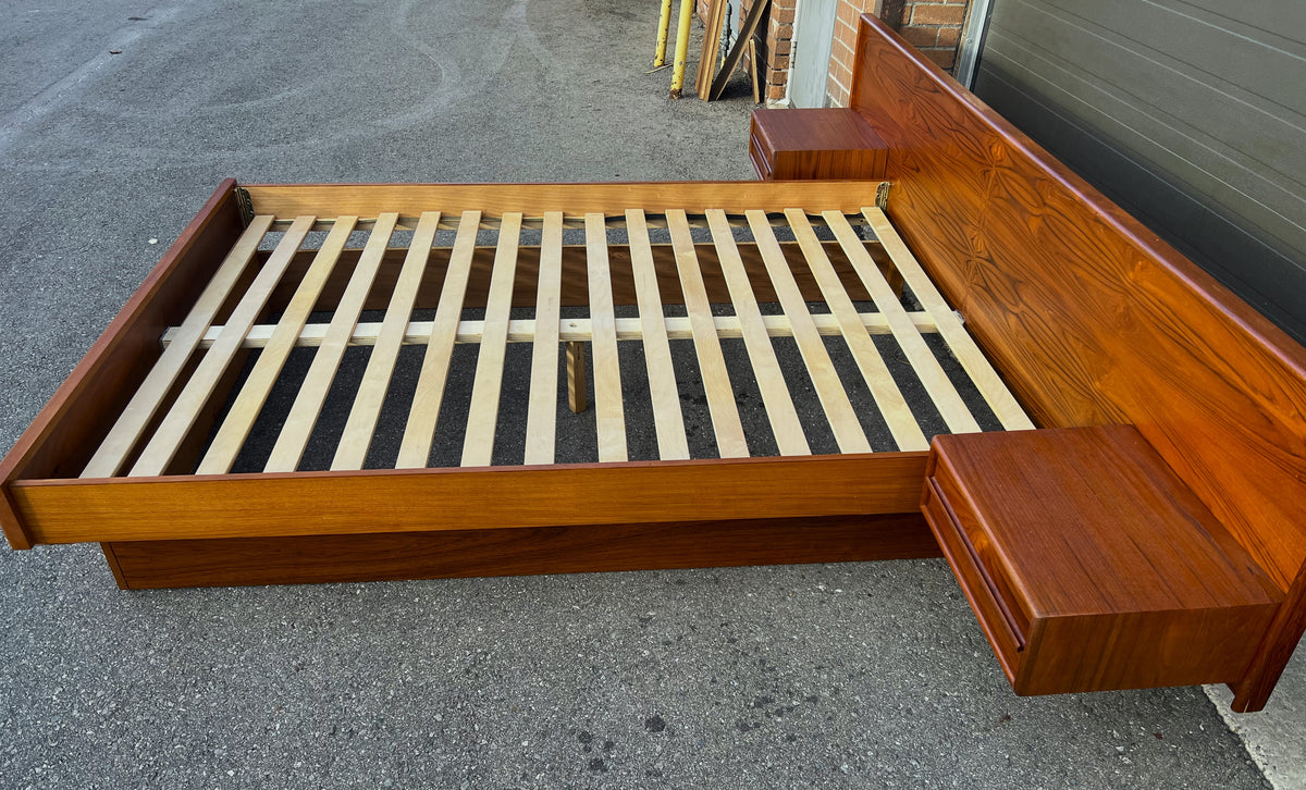 REFINISHED Mid Century Modern Teak Bed w Floating Nightstands Queen