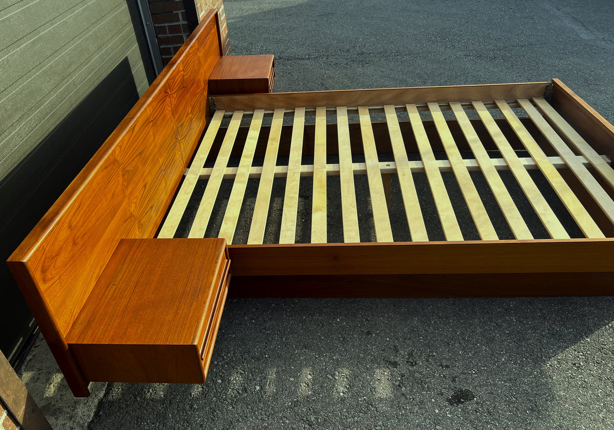 REFINISHED Mid Century Modern Teak Bed w Floating Nightstands Queen
