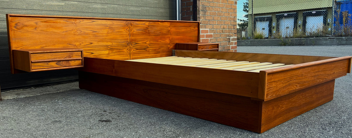 REFINISHED Mid Century Modern Teak Bed w Floating Nightstands Queen