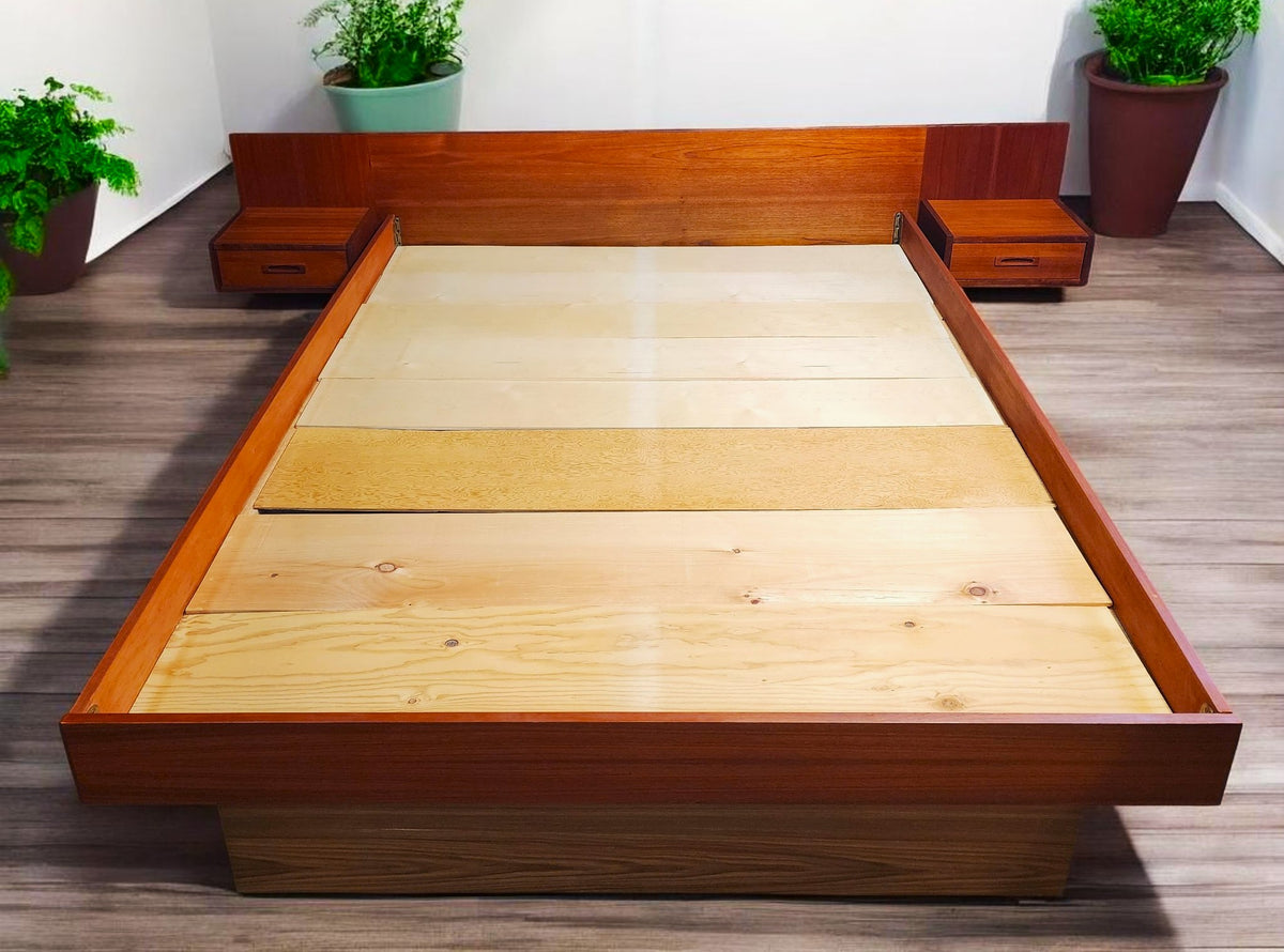 REFINISHED Mid Century Modern Teak Bed w Floating Nightstands Queen