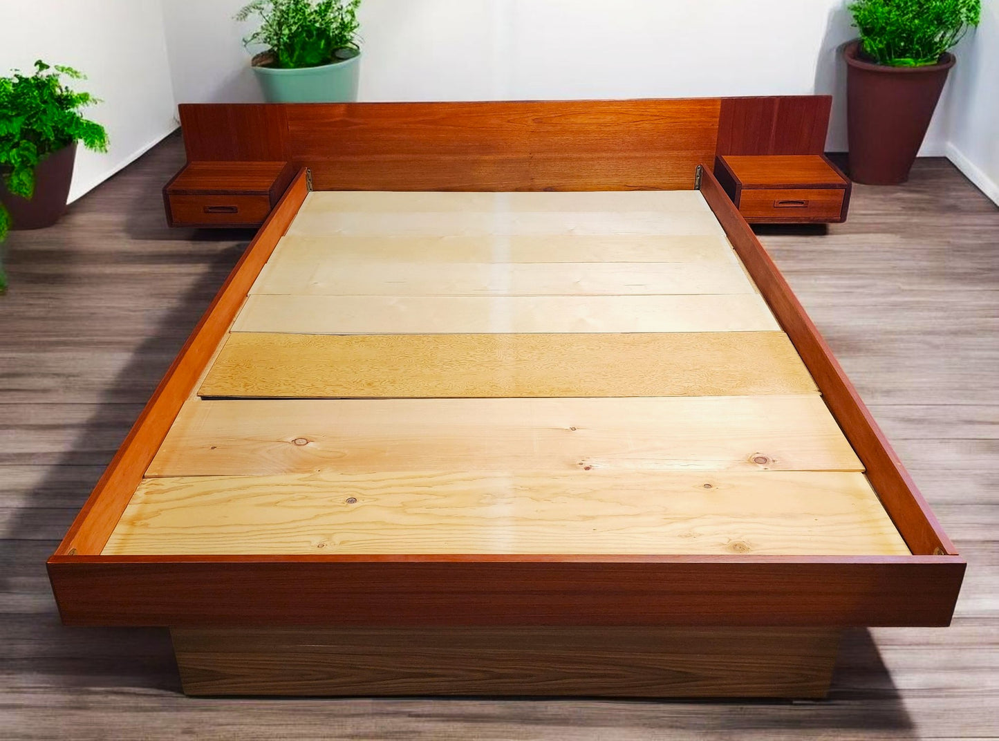 REFINISHED Mid Century Modern Teak Bed w Floating Nightstands Queen