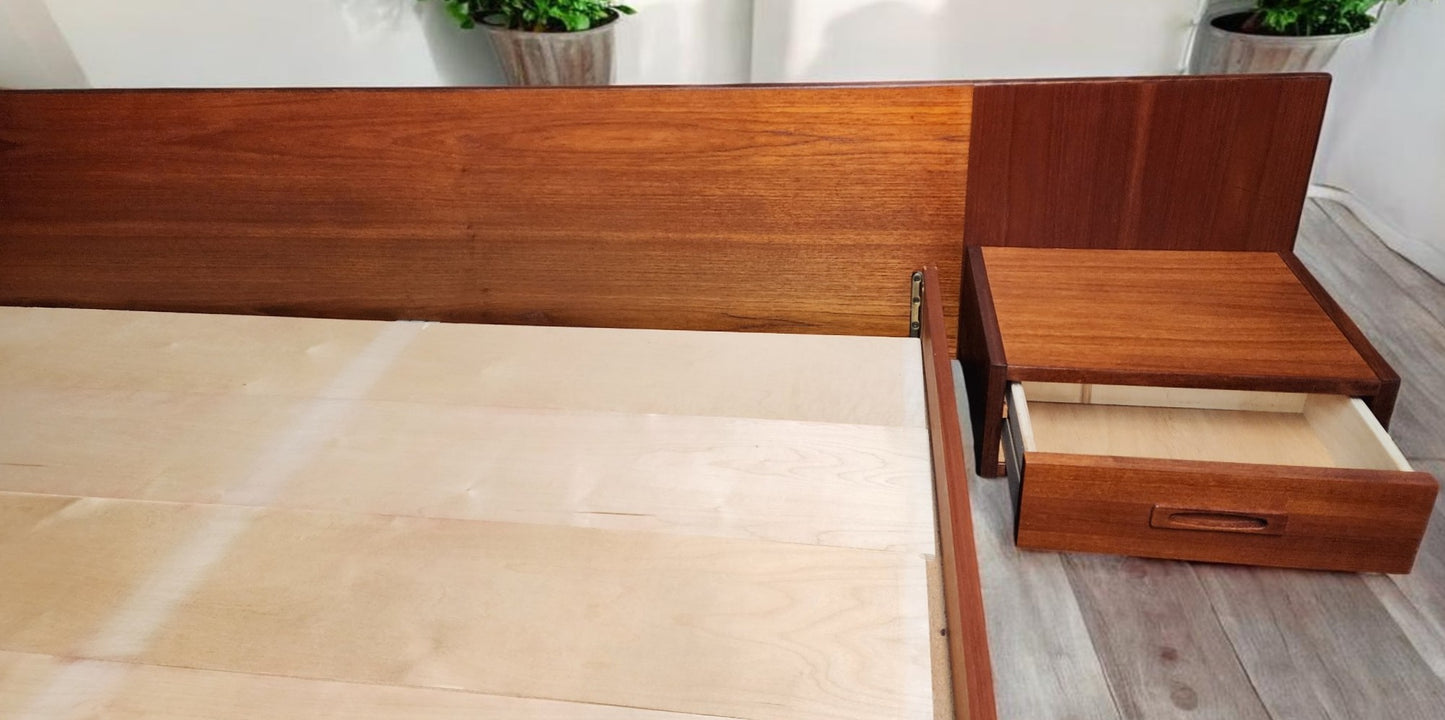 REFINISHED Mid Century Modern Teak Bed w Floating Nightstands Queen
