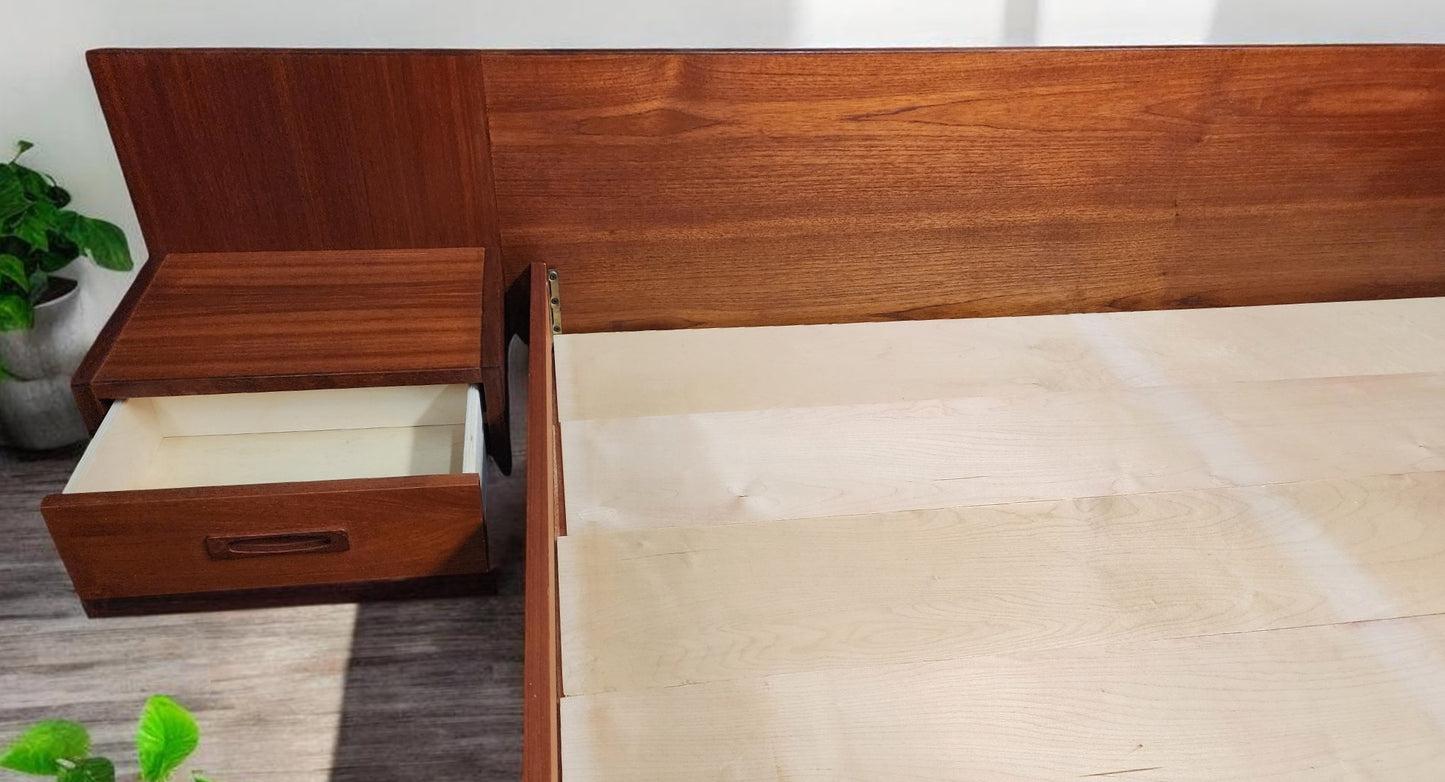 REFINISHED Mid Century Modern Teak Bed w Floating Nightstands Queen