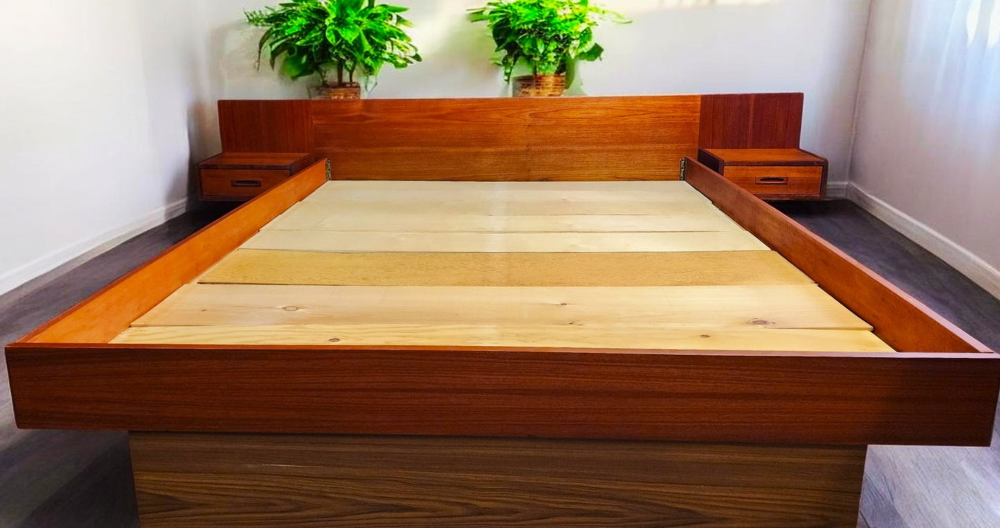 REFINISHED Mid Century Modern Teak Bed w Floating Nightstands Queen