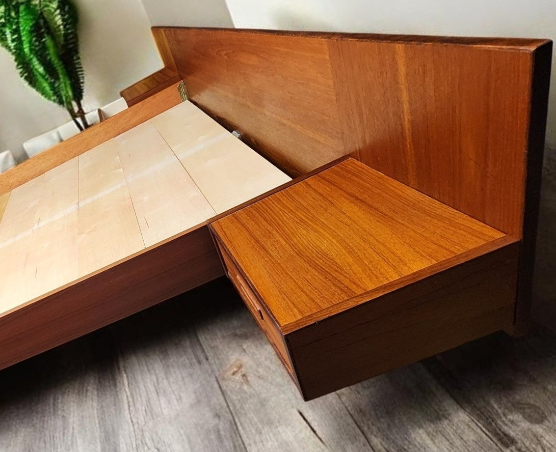 REFINISHED Mid Century Modern Teak Bed w Floating Nightstands Queen
