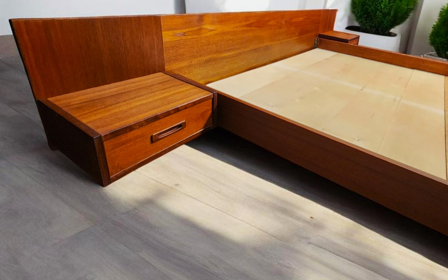 REFINISHED Mid Century Modern Teak Bed w Floating Nightstands Queen