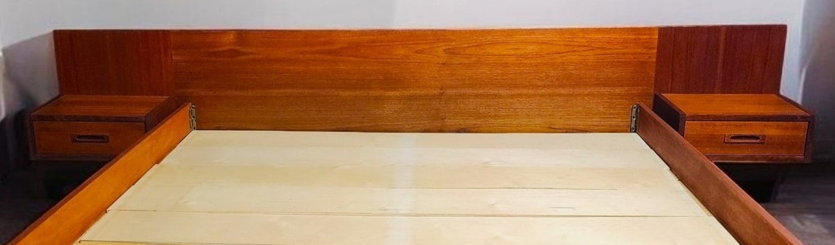 REFINISHED Mid Century Modern Teak Bed w Floating Nightstands Queen