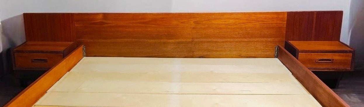 REFINISHED Mid Century Modern Teak Bed w Floating Nightstands Queen