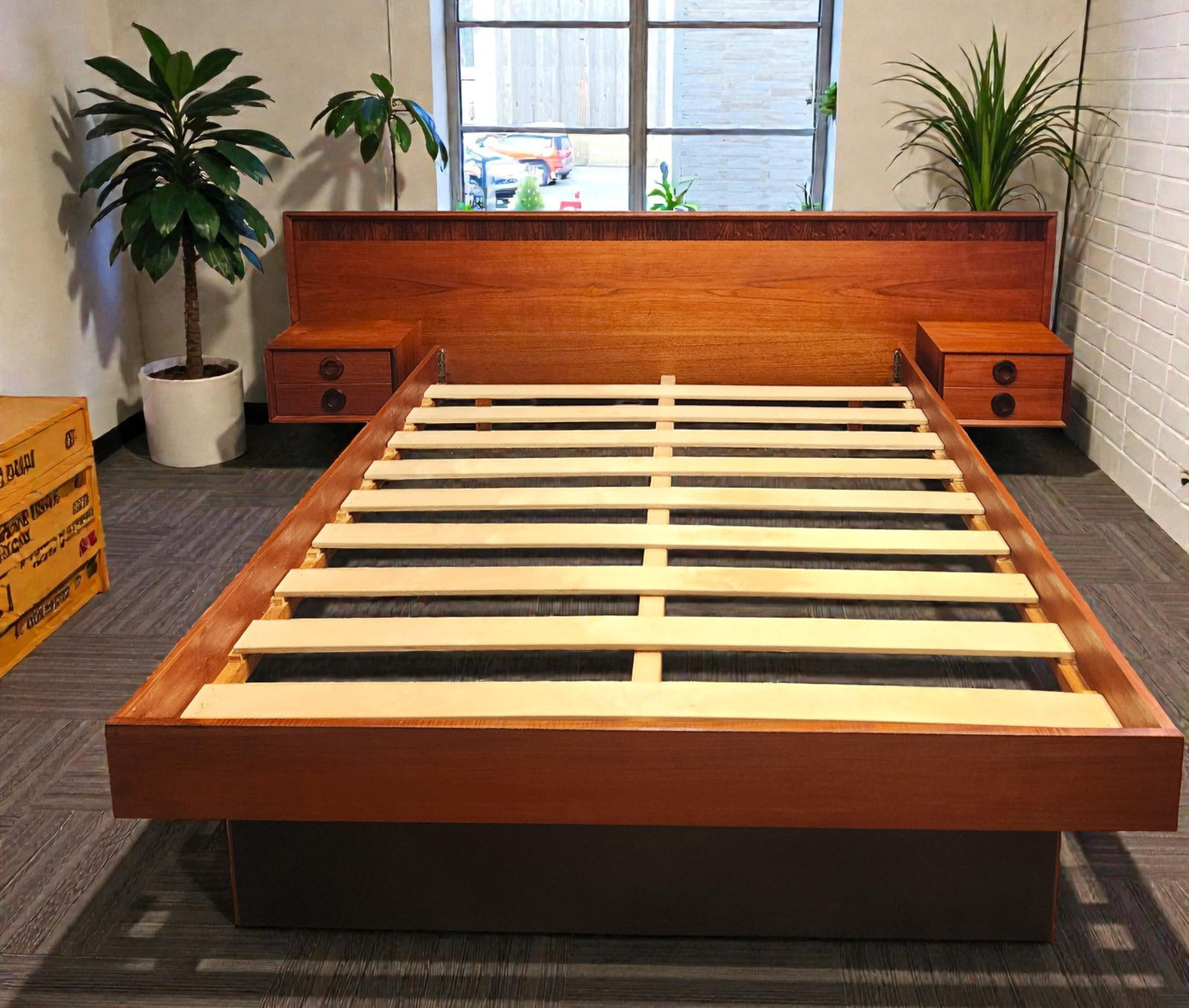 REFINISHED Mid Century Modern Teak Queen Bed w Rosewood Details