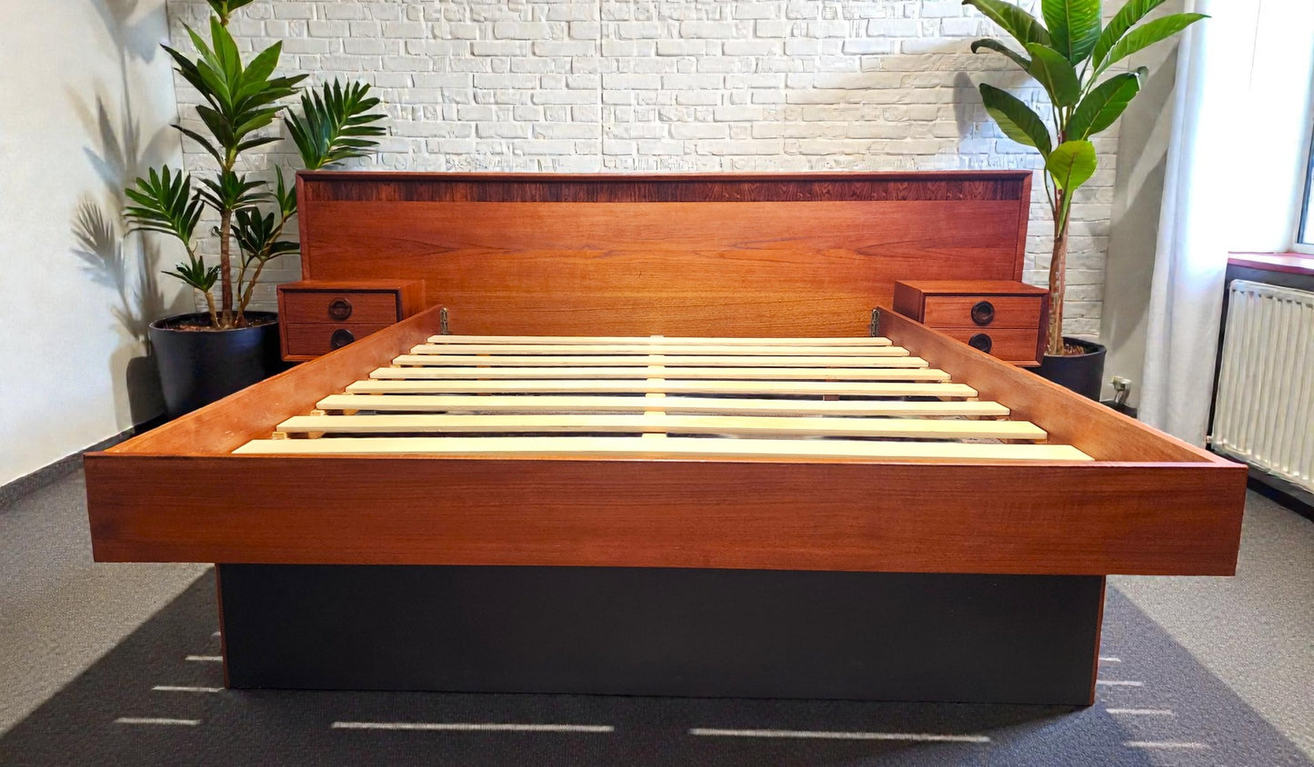 REFINISHED Mid Century Modern Teak Queen Bed w Rosewood Details