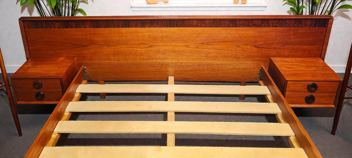 REFINISHED Mid Century Modern Teak Queen Bed w Rosewood Details