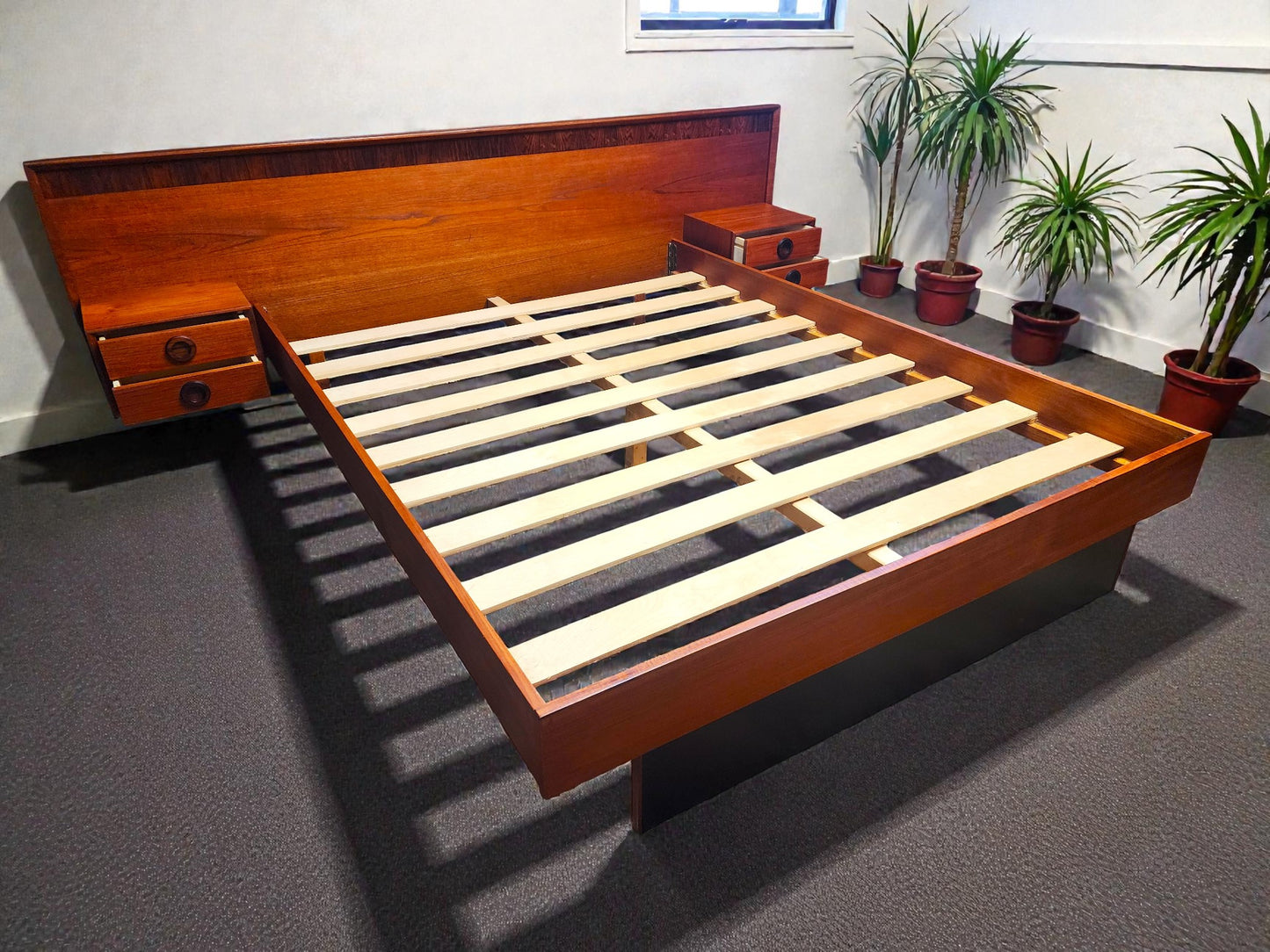 REFINISHED Mid Century Modern Teak Queen Bed w Rosewood Details