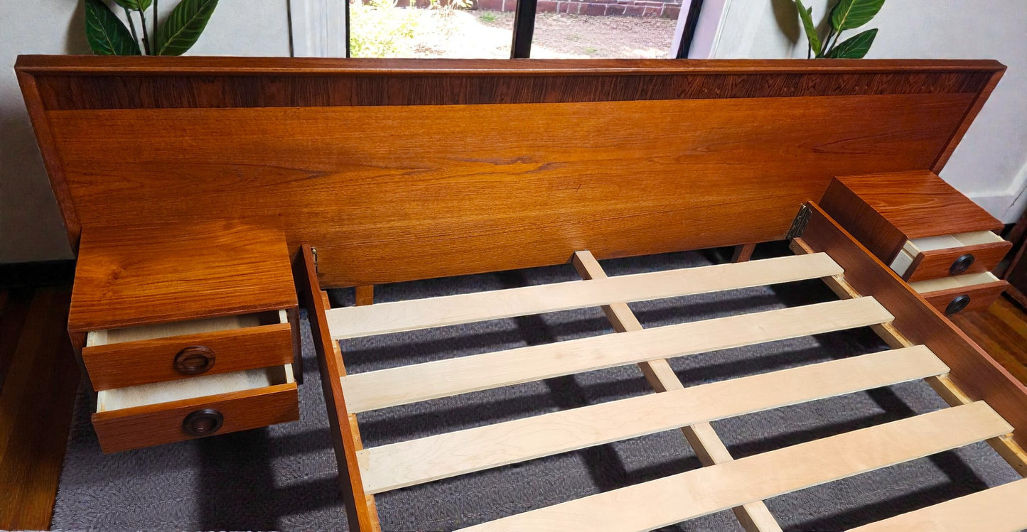 REFINISHED Mid Century Modern Teak Queen Bed w Rosewood Details